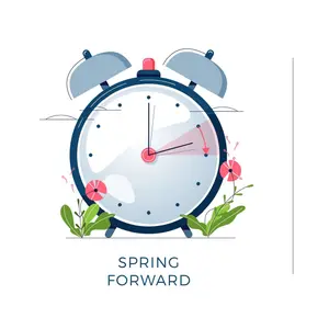 Daylight Saving Time concept. Set of alarm clocks, text fall back, spring forward Daylight Saving Time concept. Set of alarm clocks, text fall back, spring forward
