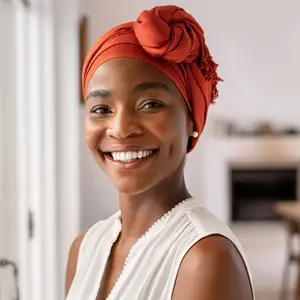 Portrait of a beautiful african woman smiling while looking at camera.