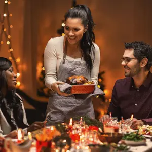  Group of happy friends having Christmas dinner at home