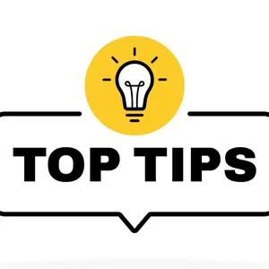 Top tips geometric message bubble with light bulb emblem. 