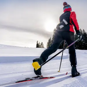  Woman cross-country skiing in fresh fallen powder snow in the Allgau alps near Immenstadt, Bavaria, Germany