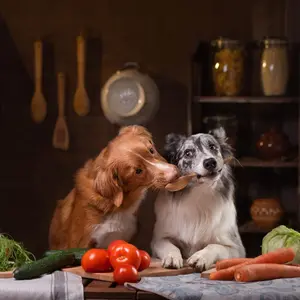 Dogs sharing a spoon