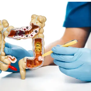 Gastroenterologist pointing pen at colon tumor using an anatomical model for medical education