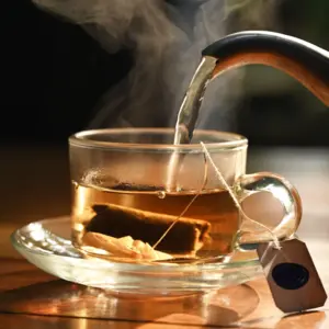 Hot water pouring into transparent cup with tea bag inside on wood table in morning sunlight