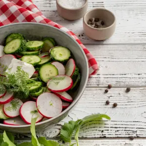 Bowl of healthy vegetarian salad with raddish cucumber and fennel