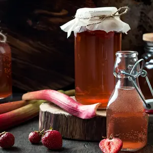 Homemade fermented strawberry and rhubarb kombucha.