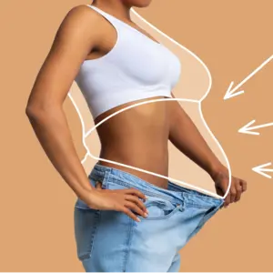 Young slim African American female in big jeans enjoy weight loss result with fat abstract body around, arrows isolated on beige wall background