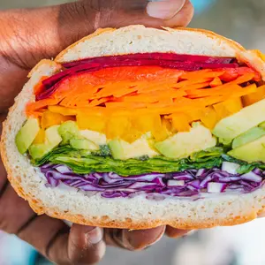 Man Holding Rainbow Vegan Veggie Sandwich