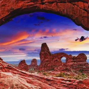 North Window Arch and Turret Arch at sunset.