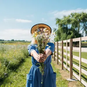 A woman in rustic dress with wildflowers on front of straw bales.