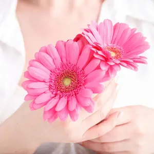 Woman holding pink flowers