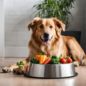 dog with vegetable bowl