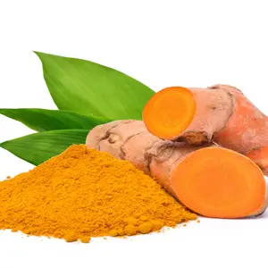 Turmeric (Curcuma longa Linn) rhizome (root) sliced with Finely dry powder and green leaves isolated on white background.