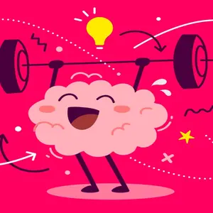 Pink illustration of an anthropomorphized brain happily lifting weights