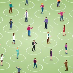 illustration of many people each standing in their own circle, not interacting with each other. Illustration of Social Isolation.