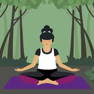 Experience forest with all senses during forest bathing Shinrin Yoku.Dark haired woman sits relaxed in the lotus position. 