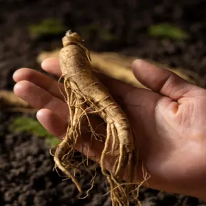 Hand holding a ginseng root