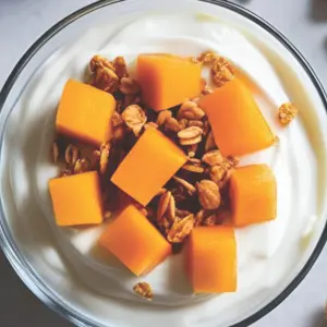 A bowl of Papaya yogurt with cereals