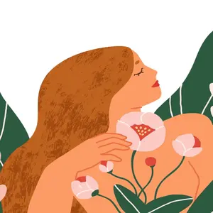Happy peaceful blooming woman with blossomed flowers around.