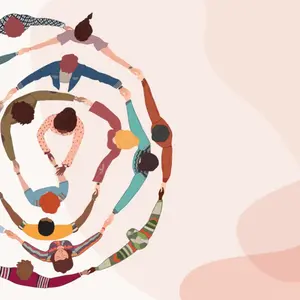 Group of people in circle from diverse culture holding hands. Cooperation and teamwork.