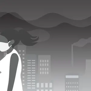 black and white illustration of pregnant woman walking in polluted city, wearing a face mask