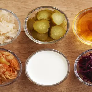 Fermented foods - kim chi, white and purple sauerkraut, apple cider vinegar, kefir and gherkins