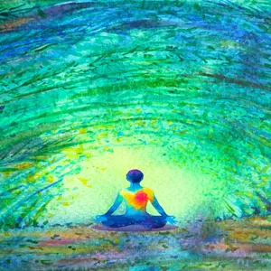 watercolor concept art of spirituality - a person sits with heart aglow, connected to greater consciousness of cosmos around them