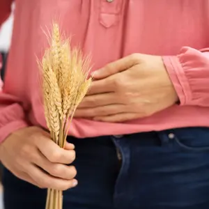 person holding a piece of wheat as well as holding stomach in pain; showing celiac disease