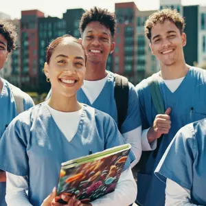 Group of young medical students smiling at camera