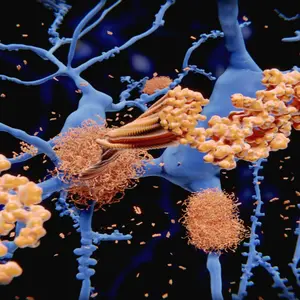 Alzheimer's disease: the amyloid-beta peptide accumulates to amyloid fibrils that build up dense amyloid plaques. 3d rendering 