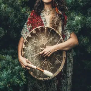 shamanic practitioner holding traditional hand drum