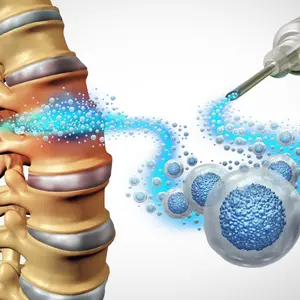 Mesenchymal cells injected for spinal joint pains to regenerate tissue repair as a medical cell therapy - 3D illustration