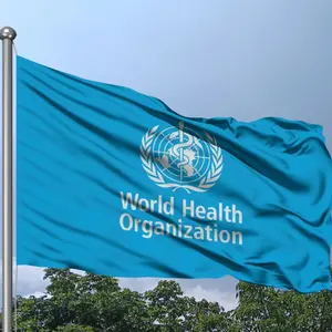 World Health Organization - WHO flag. Waving colorful WHO flag 