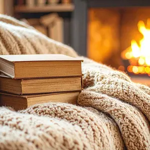 Books on a couch in front of a fire in the fireplace