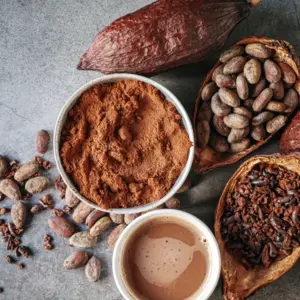 Chocolate, cocoa, and cacao assortment on table