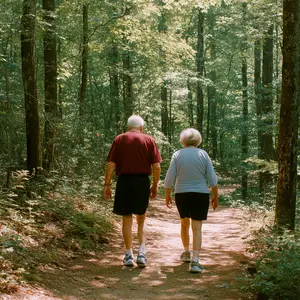 and elderly man and woman walk together on a forest path