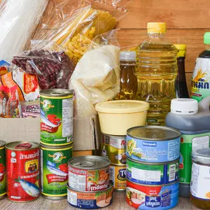 Collection of canned foods, which often contain preservatives to keep them shelf stable