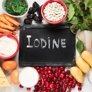 array of iodine-rich foods with chalkboard in center that says "Iodine"