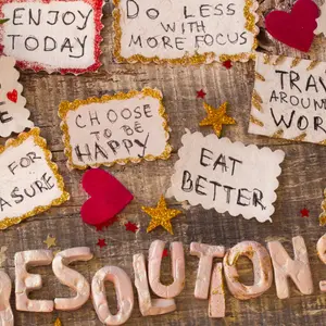 new years resolutions, assortment of placards with new year goals