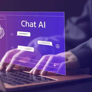 digital art of hands typing on keyboard, showing AI chat bot interaction bubbles